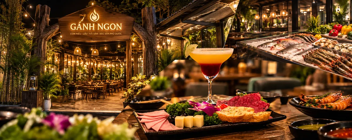 Lối vào Gánh Ngon với biển hiệu, cocktail, đĩa nguội và quầy hải sản tươi