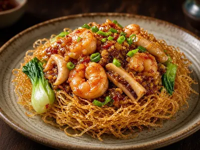 Miến áp chảo hải sản sốt XO – món ăn tại Gánh Ngon, Phú Quốc