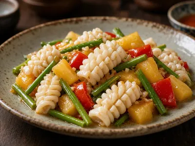 Mực lá xào ngồng tỏi / chua ngọt – món ăn tại Gánh Ngon, Phú Quốc