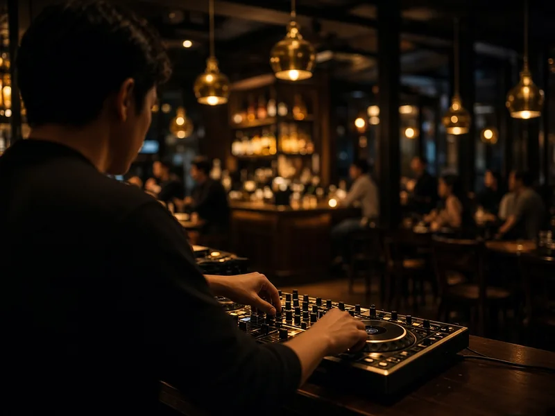 Ảnh minh họa: DJ chơi nhạc tại quầy bar nhà hàng ánh đèn vàng ấm (không phải ảnh tại Gánh Ngon)